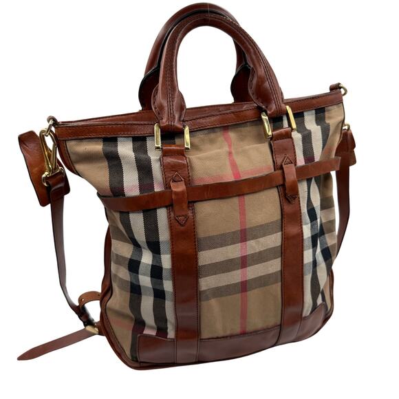 COA  Burberry Haymarket Check Tote Bag Leather Trim Italy Shoulder Crossbody - Picture 2 of 16